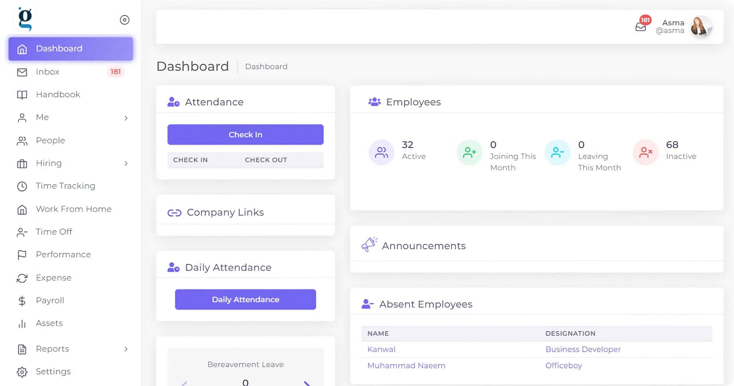 dashboard of gleamhr